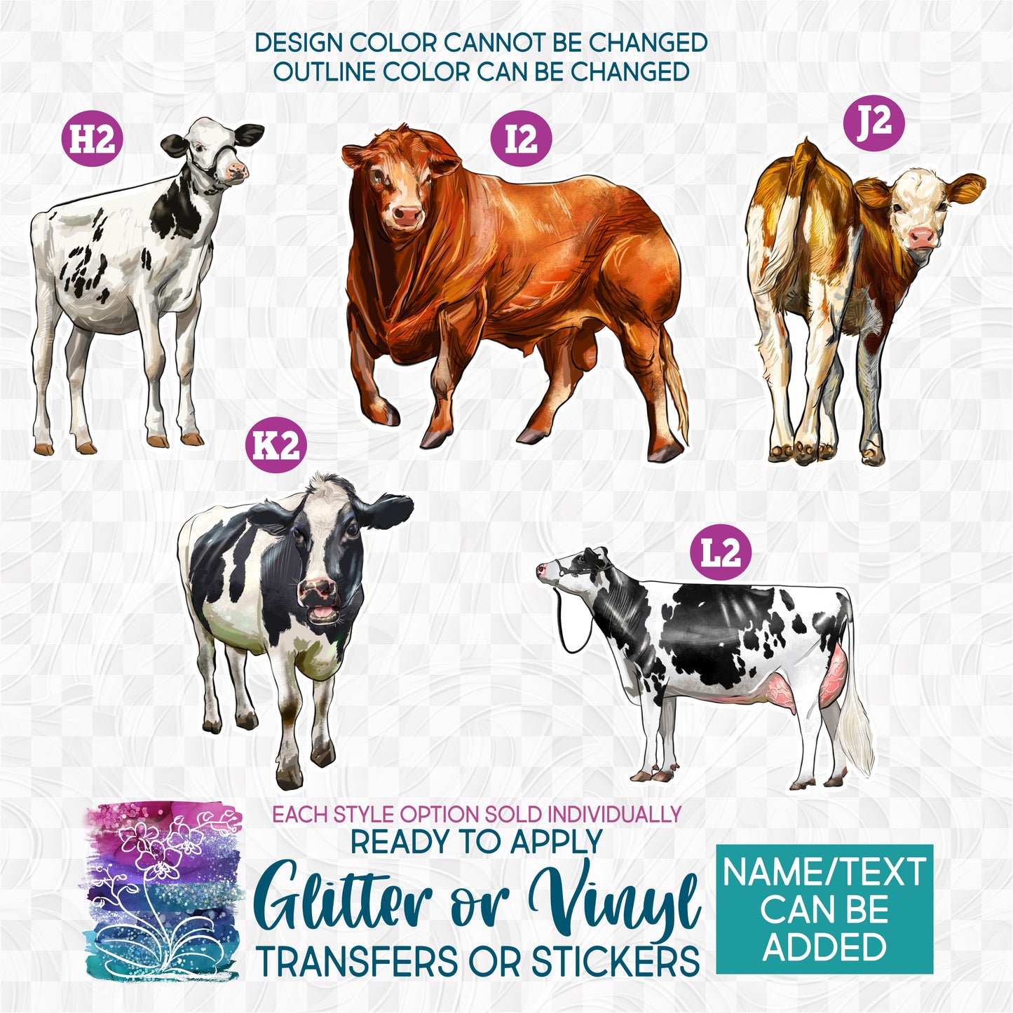(s098-E) Cow Cows Calf Heifer Bull Cattle Glitter or Vinyl Iron-On Transfer or Sticker