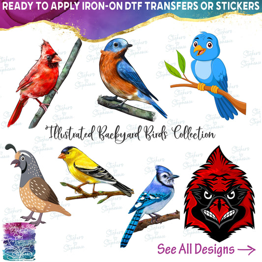 (s098-9) Illustrated Cartoon Watercolor Backyard North American Birds Collection 34 Style Options