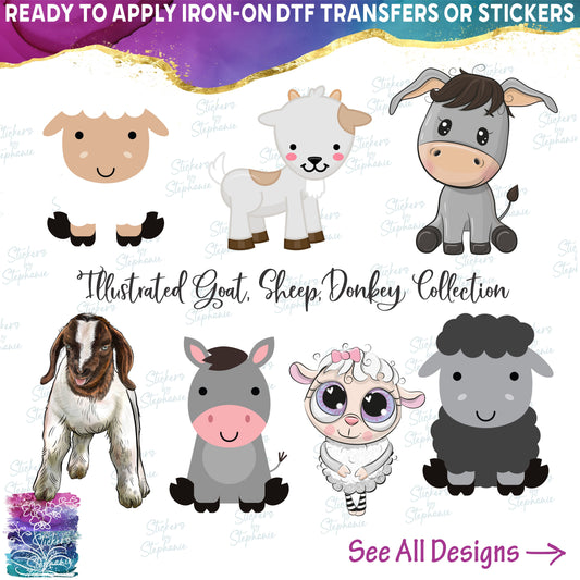 (s098-7) Watercolor Illustrated Cartoon Goat, Sheep, Donkey Collection 79 Style Options