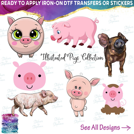 (s098-6) Watercolor Illustrated Cartoon Pig Collection 50+ Style Options