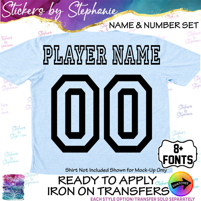 (CT-9) Outline Inline Fonts Custom Player Name & Number Set Iron-On Transfer