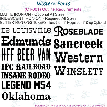 Custom Text Name, Numbers Western Fonts Iron-On Transfer or Sticker