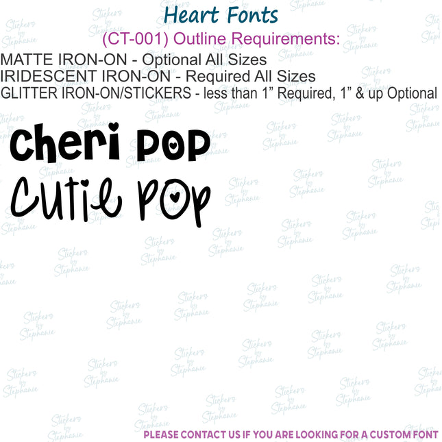 Custom Text Name, Numbers Heart Fonts Iron-On Transfer or Sticker
