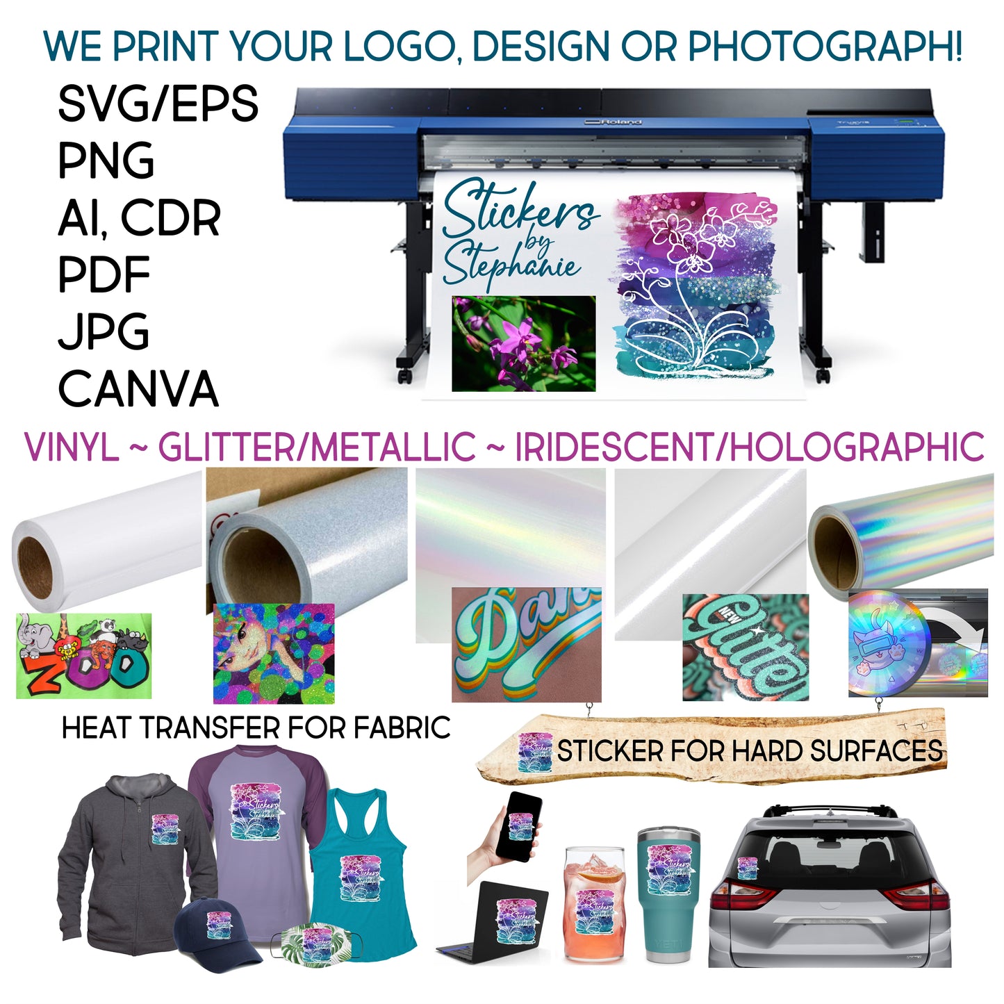 Custom Printing for Your Logo, Design or Photograph Glitter, Matte or Glossy Vinyl Iron-On Transfer or Sticker