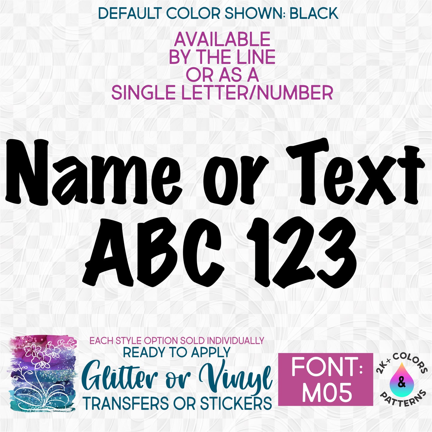 (s097-M05) Block Font Custom Name Text or Single Letter Number Glitter or Vinyl, Iron-On Transfer or Sticker