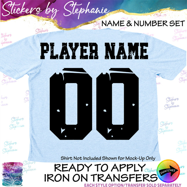 (cpn-2) JP Sporty Distressed Custom Player Name & Number Set Iron-On Transfer