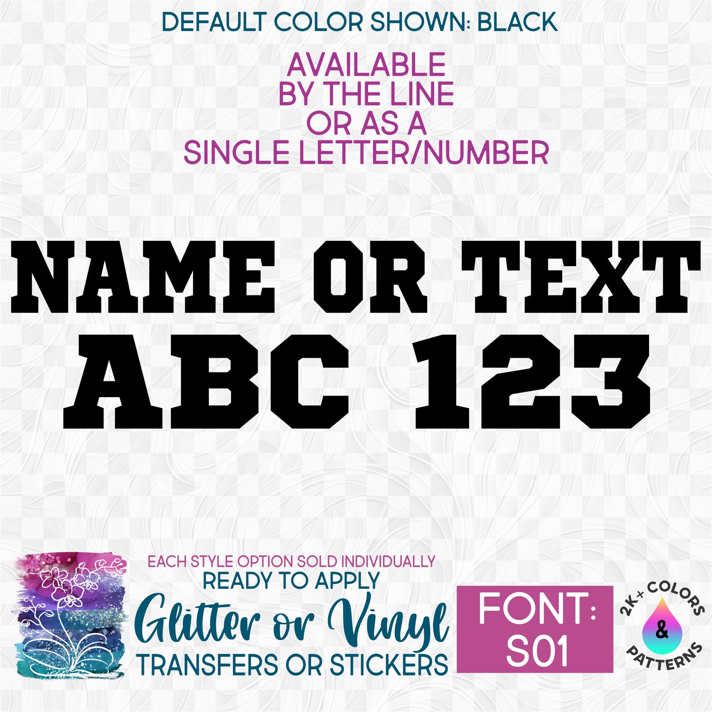 (s097-S01) Block Font Custom Name Text or Single Letter Number Glitter or Vinyl, Iron-On Transfer or Sticker