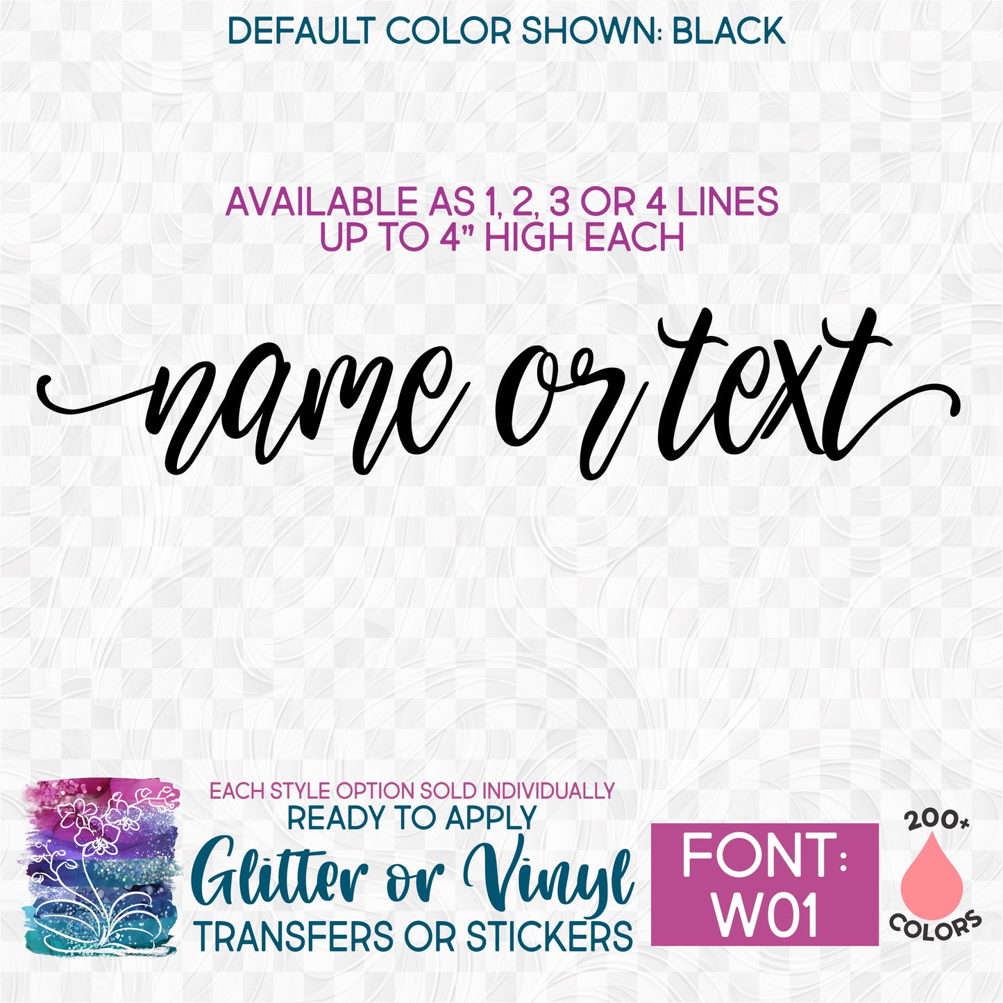 (s97-W01) Script Swash Font Custom Name Text or Single Letter Number Glitter or Vinyl Iron-On Transfer or Sticker