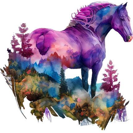 (s346-1-2U)  Watercolor Double Exposure Horse