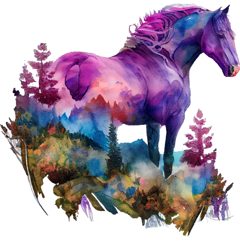 (s346-1-2U)  Watercolor Double Exposure Horse