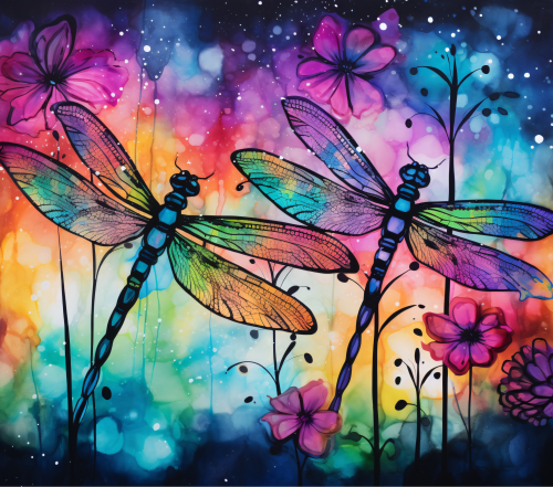 (s007-V3) Rainbow Alcohol Ink Floral Dragonfly Dragonflies