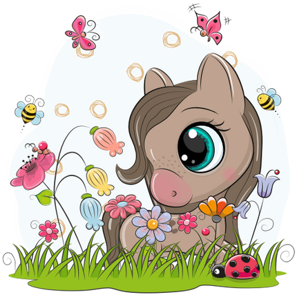 (s133-26-O) Cute Cartoon Horse Flower Meadow