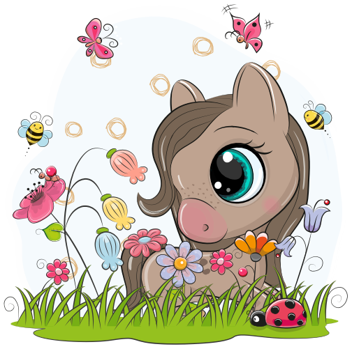 (s133-26-O) Cute Cartoon Horse Flower Meadow