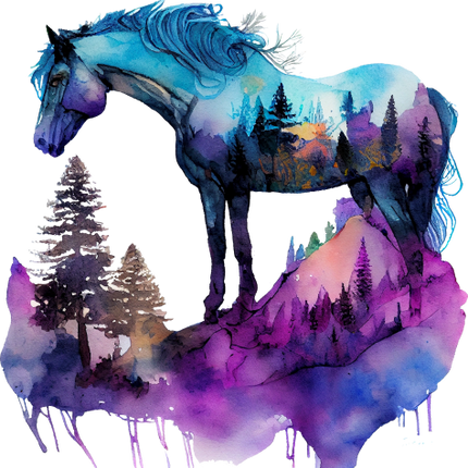 (s346-1-2R)  Watercolor Double Exposure Horse
