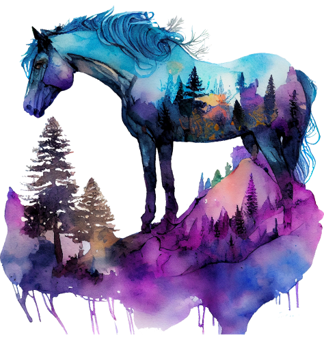 (s346-1-2R)  Watercolor Double Exposure Horse