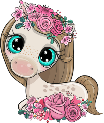 (s133-26-E) Cute Cartoon Horse Flowers