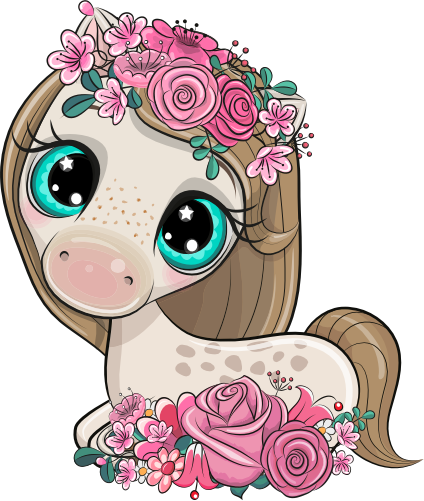 (s133-26-E) Cute Cartoon Horse Flowers