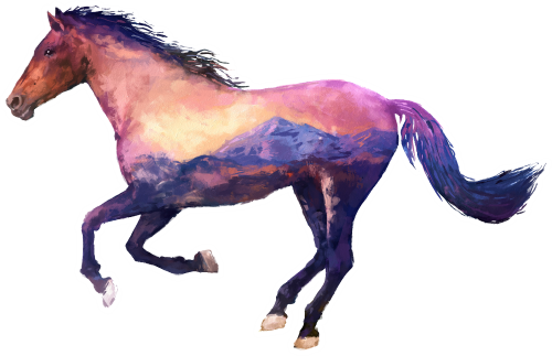 (s324-1-A) Watercolor Double Exposure Horse