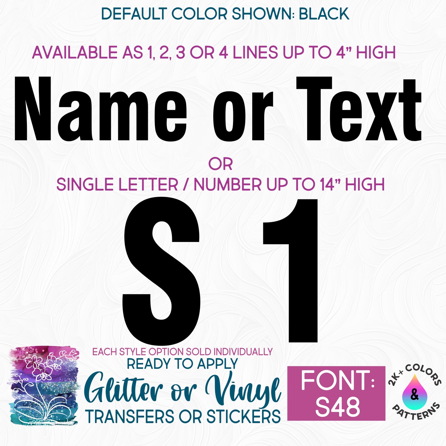 (s97-S48) Block Font Custom Name Text or Single Letter Number Glitter or Vinyl, Iron-On Transfer or Sticker
